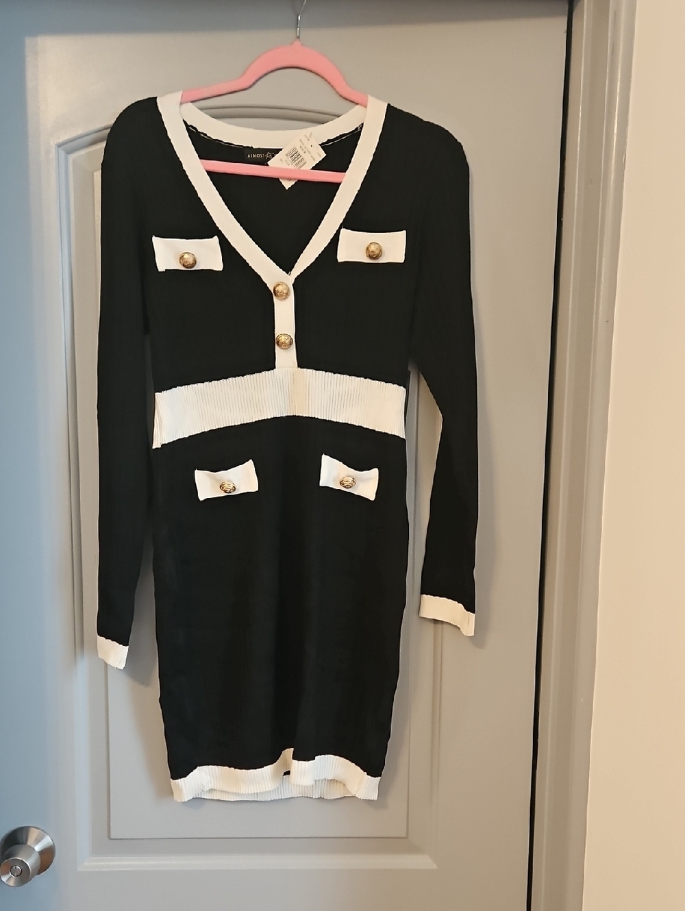 Black and White Knit Dress with Gold Buttons - Womens